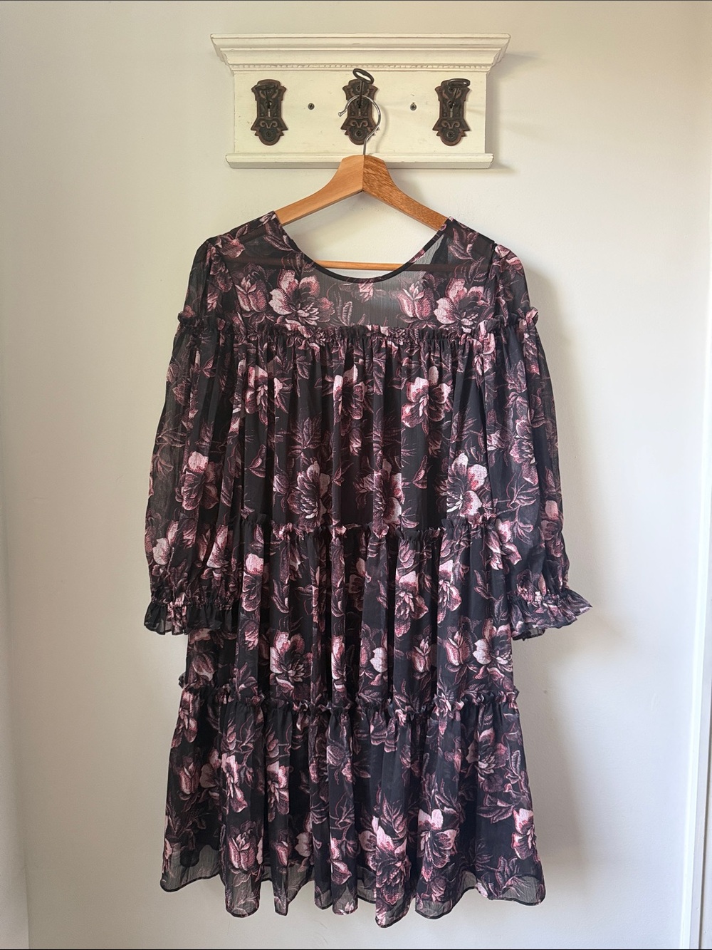Ted Baker Black Midi Dress with Pink Floral Print Boho Casual  Feminine Girlcore - Picture 2 of 8
